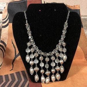 NWT Erica Lyons Bib Statement Necklace with Clear and Silver Faceted Glass Beads